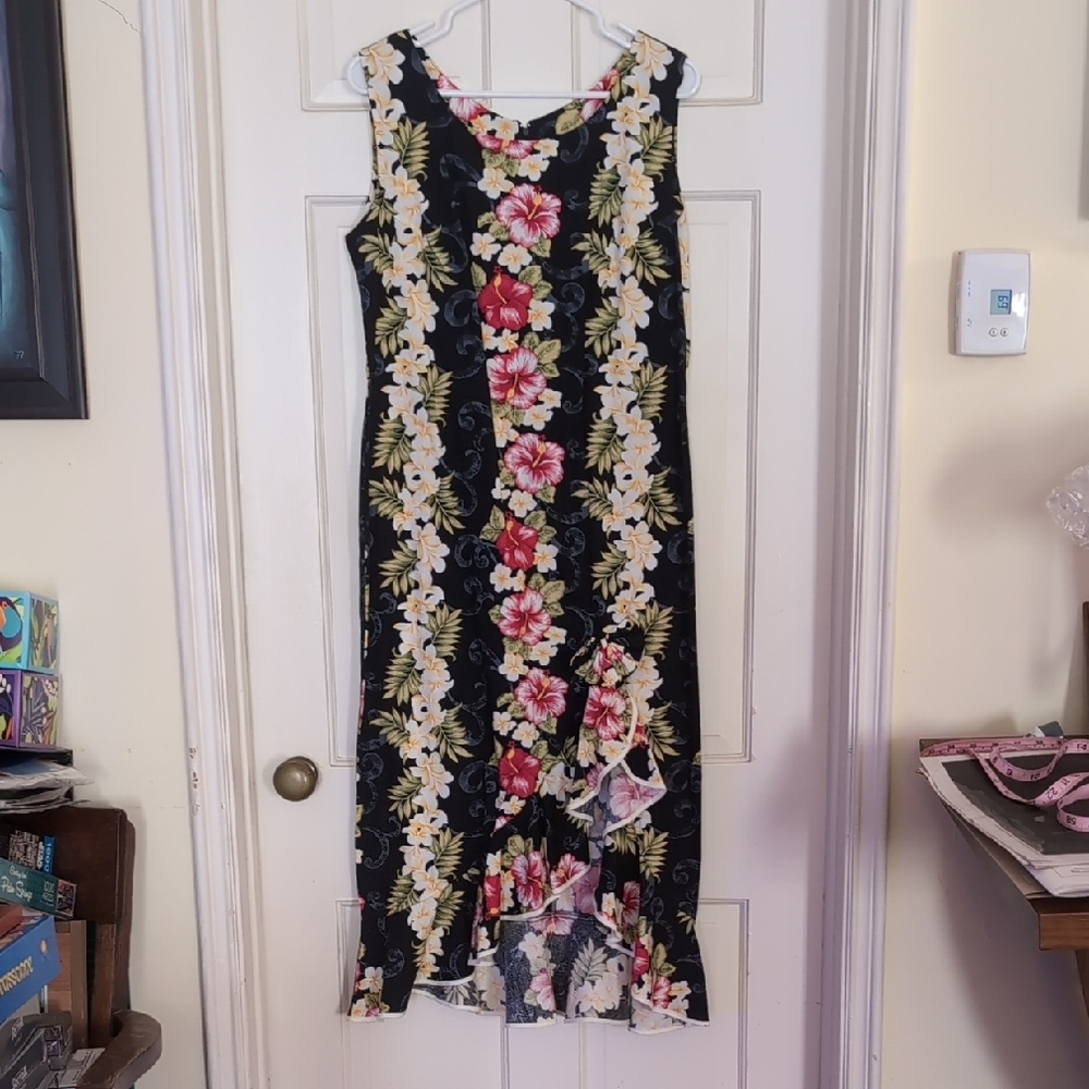 Hawaiian Floral Sleeveless Dress, Ruffled Hem Black & Pink